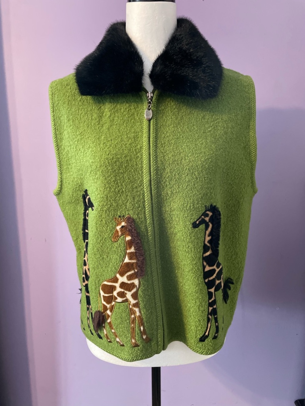 Green Wool Vest with Black Fur Collar and Giraffe Embroidery